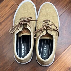 Sperry Tan Boat Shoes with Textured Upper and White Sole